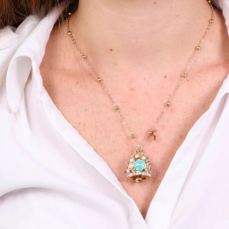 AMO CAPRI - COLLANA METALLO DORATO CON CAMPANA GRANDE FIORI E PERLE