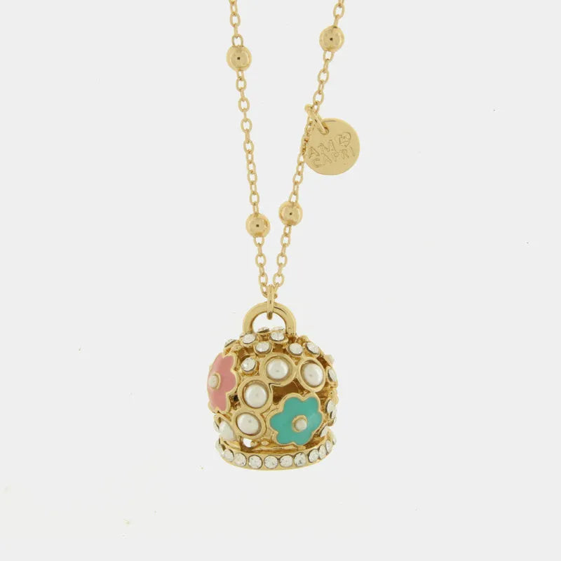 AMO CAPRI - COLLANA METALLO DORATO CON CAMPANA GRANDE FIORI E PERLE