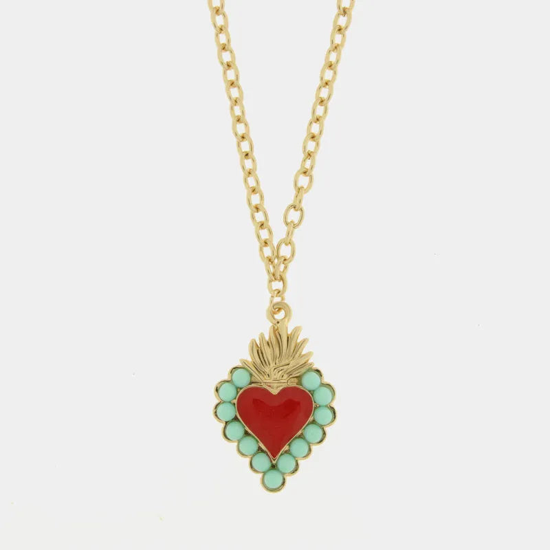 I LOVE NAPLES - GOLD PLATED METAL NECKLACE WITH RED SACRED HEART AND TIFFANY