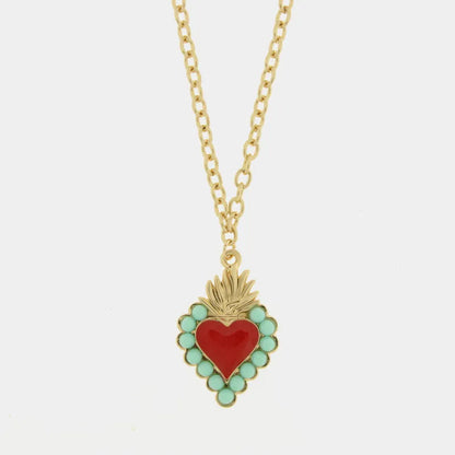 I LOVE NAPLES - GOLD PLATED METAL NECKLACE WITH RED SACRED HEART AND TIFFANY