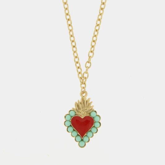 AMO NAPOLI - COLLANA METALLO DORATO CON CUORE SACRO ROSSO E TIFFANY