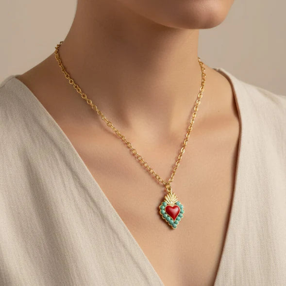 I LOVE NAPLES - GOLD PLATED METAL NECKLACE WITH RED SACRED HEART AND TIFFANY
