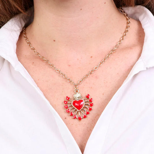 AMO NAPOLI - COLLANA METALLO DORATO CON CUORE SACRO ROSSO