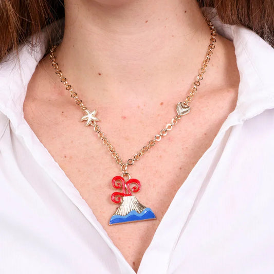 AMO NAPOLI - COLLANA IN METALLO DORATO CON VESUVIO SMALTATO