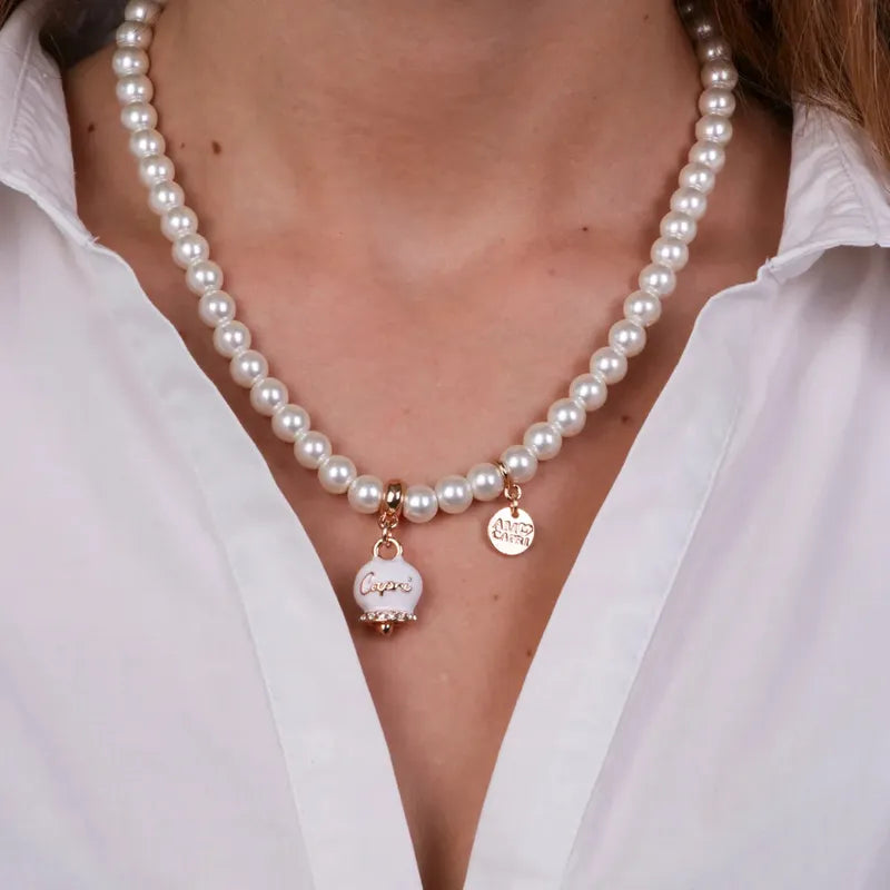 AMO CAPRI - COLLANA PERLE E CAMPANELLA BIANCA SCITTA CAPRI