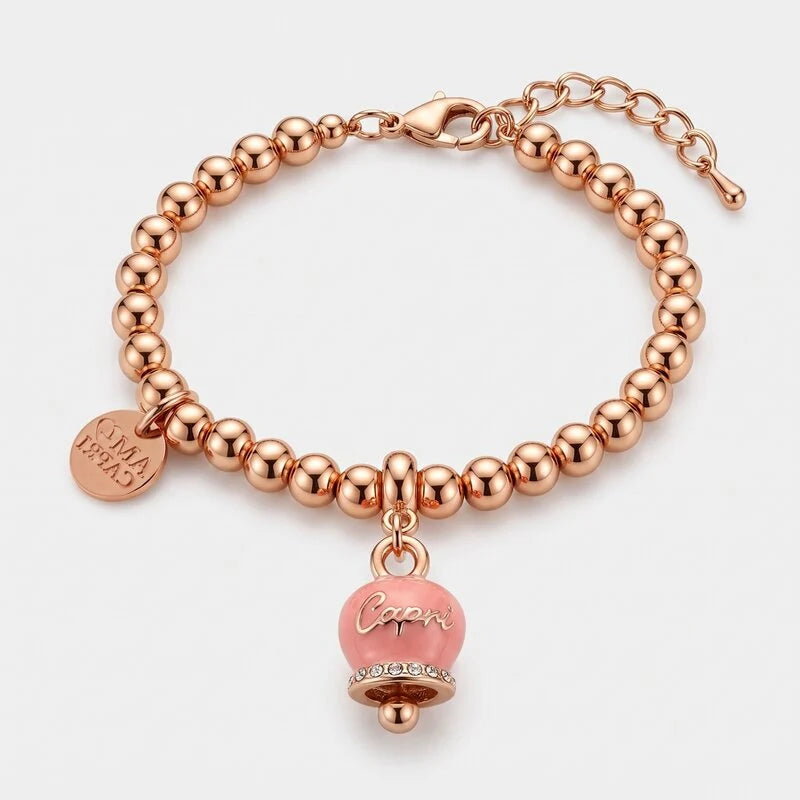AMO CAPRI - BRACCIALE IN METALLO ROSE' CAMPANELLA ROSA E SCRITTA CAPRI