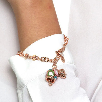 AMO CAPRI - BRACCIALE IN METALLO ROSE' CON CAMPANELLA GRANDE MULTICOLOR E PICCOLA A CUORI
