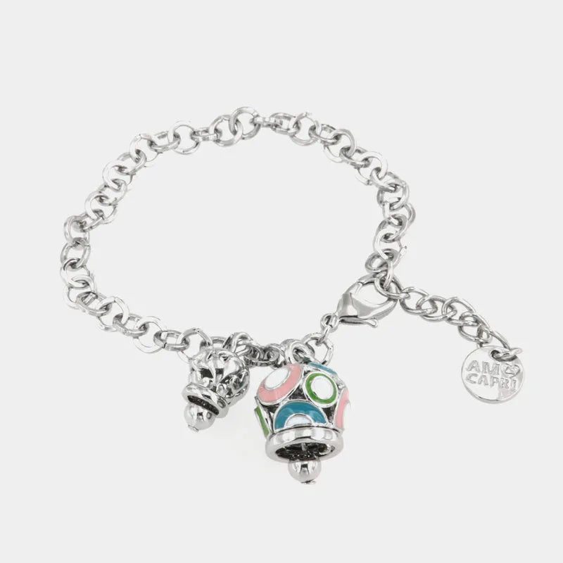 I LOVE CAPRI - METAL BRACELET WITH LARGE MULTICOLOR BELL AND SMALL HEART BELL