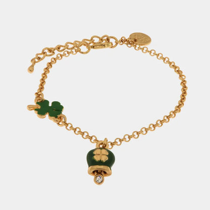 AMO CAPRI - METAL BRACELET WITH GREEN BELL AND FOUR-LEAF CLOVER