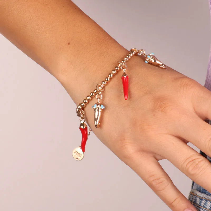 I LOVE NAPLES - METAL BRACELET WITH RED AND GOLDEN HORNS