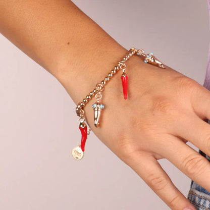 I LOVE NAPLES - METAL BRACELET WITH RED AND GOLDEN HORNS