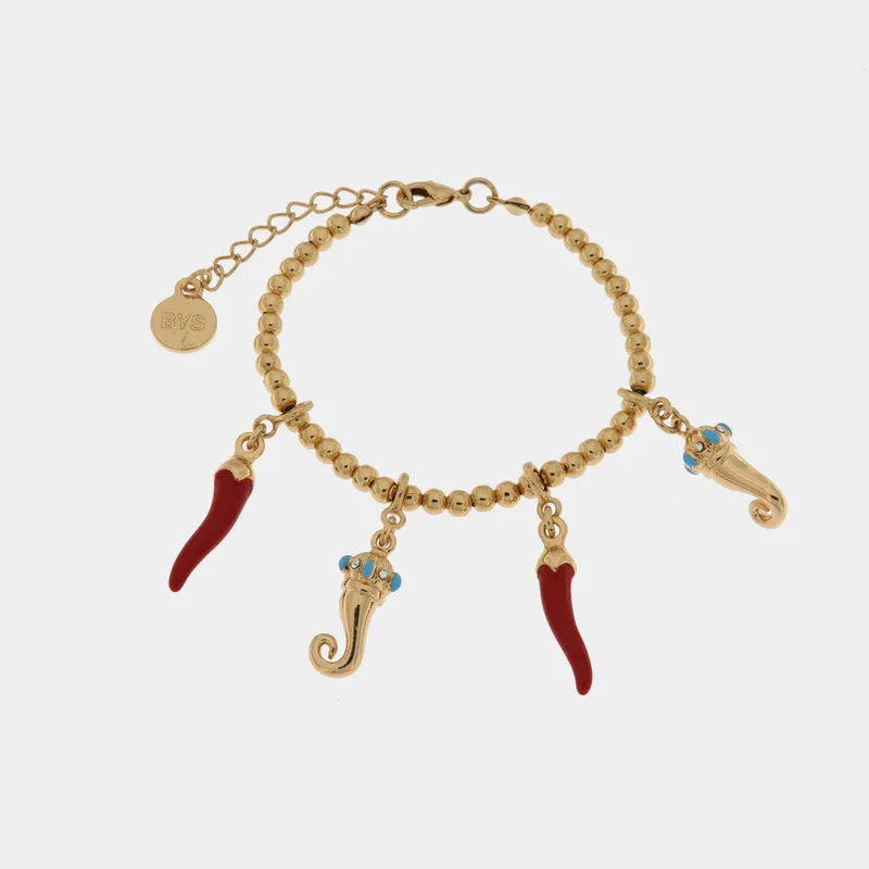 I LOVE NAPLES - METAL BRACELET WITH RED AND GOLDEN HORNS