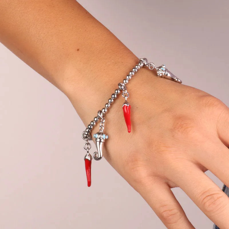 AMO NAPOLI - BRACCIALE IN METALLO CORNI ROSSI E RODIO