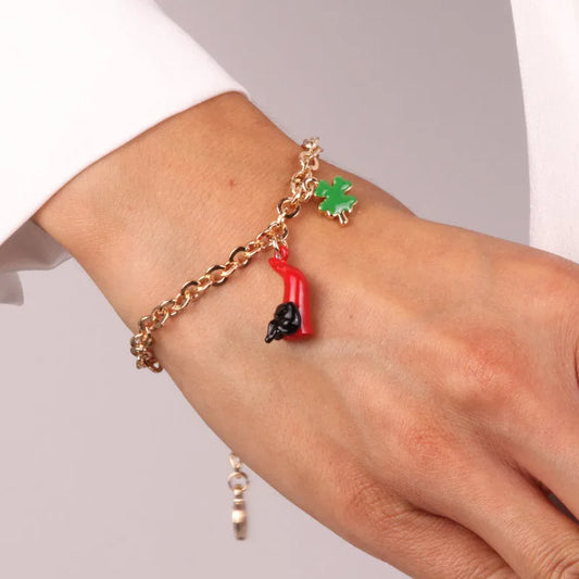 AMO NAPOLI - BRACCIALE IN METALLO CORNO MASCHERA E QUADRIFOGLIO