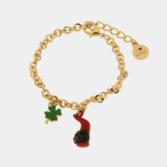 AMO NAPOLI - BRACCIALE IN METALLO CORNO MASCHERA E QUADRIFOGLIO