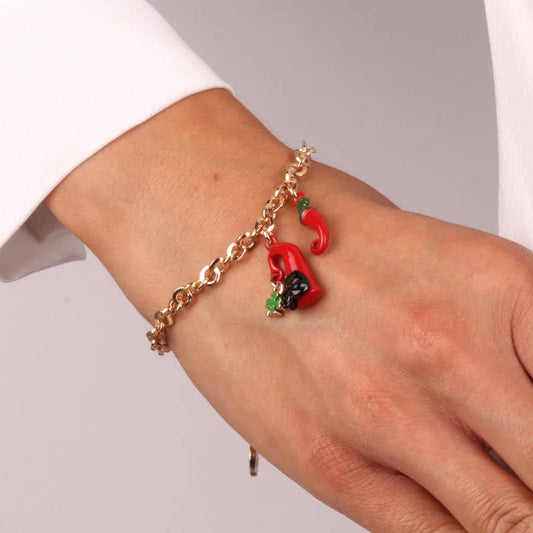 AMO NAPOLI - BRACCIALE IN METALLO CORNO MASCHERA E QUADRIFOGLIO