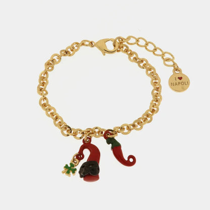 I LOVE NAPLES - METAL BRACELET WITH HORN, MASK AND FOUR-LEAF CLOVER