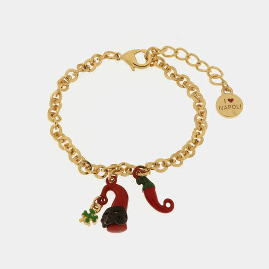 AMO NAPOLI - BRACCIALE IN METALLO CORNO MASCHERA E QUADRIFOGLIO