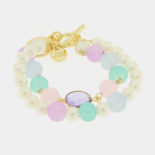 AMO VENEZIA - BRACCIALE IN METALLO CON PERLE BIANCHE E MULTICOLOR