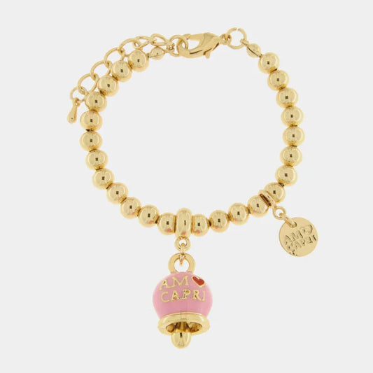 AMO CAPRI - BRACCIALE IN METALLO DORATO CON CAMPANELLA ROSA SCRITTA AMO CAPRI
