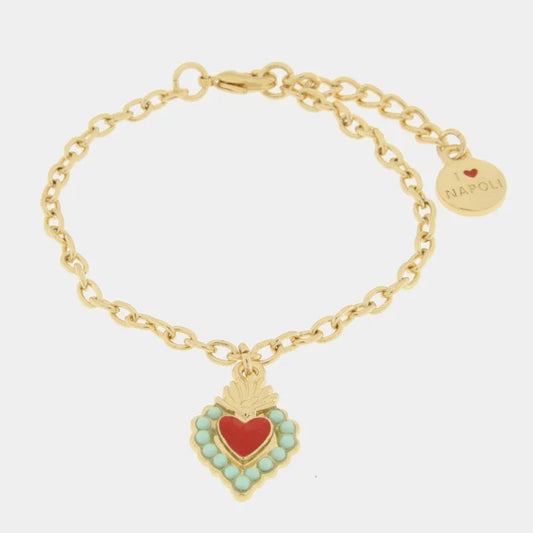 AMO NAPOLI - BRACCIALE METALLO DORATO CON CHARM CUORE SACRO TIFFANY E ROSSO