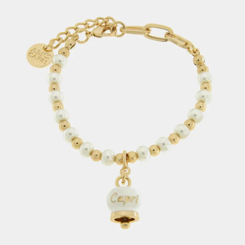 AMO CAPRI - GOLD PLATED METAL BRACELET WITH BEADS AND WHITE BELL