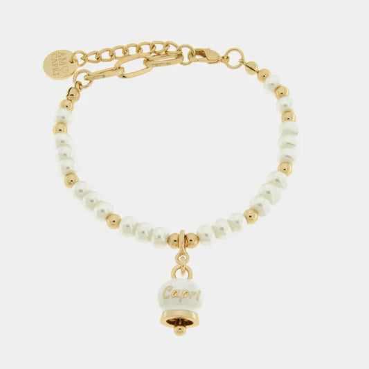 AMO CAPRI - BRACCIALE METALLO DORATO CON SFERE E CAMPANELLA BIANCA