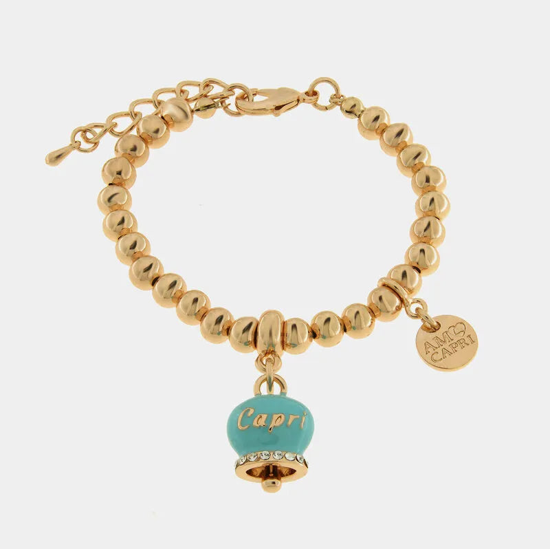 AMO CAPRI - BRACCIALE IN METALLO ROSE' CAMPANELLA TURCHESE SCRITTA CAPRI