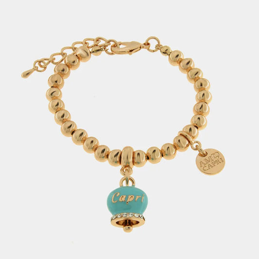 AMO CAPRI - BRACCIALE IN METALLO ROSE' CAMPANELLA TURCHESE SCRITTA CAPRI