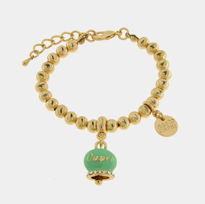 AMO CAPRI - BRACCIALE IN METALLO DORATO CAMPANELLA VERDE MENTA SCRITTA CAPRI