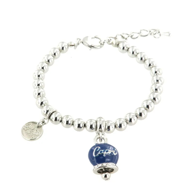 AMO CAPRI - BRACCIALE IN METALLO CON CAMPANELLA SMALTO BLU E SCRITTA CAPRI