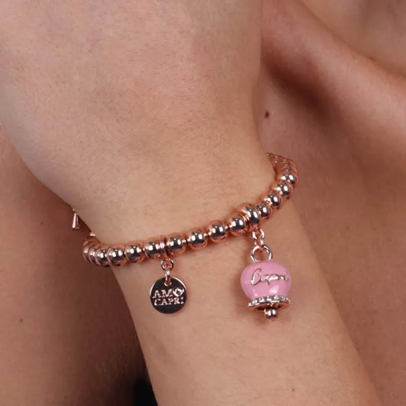 AMO CAPRI - BRACCIALE IN METALLO ROSE' CAMPANELLA ROSA E SCRITTA CAPRI