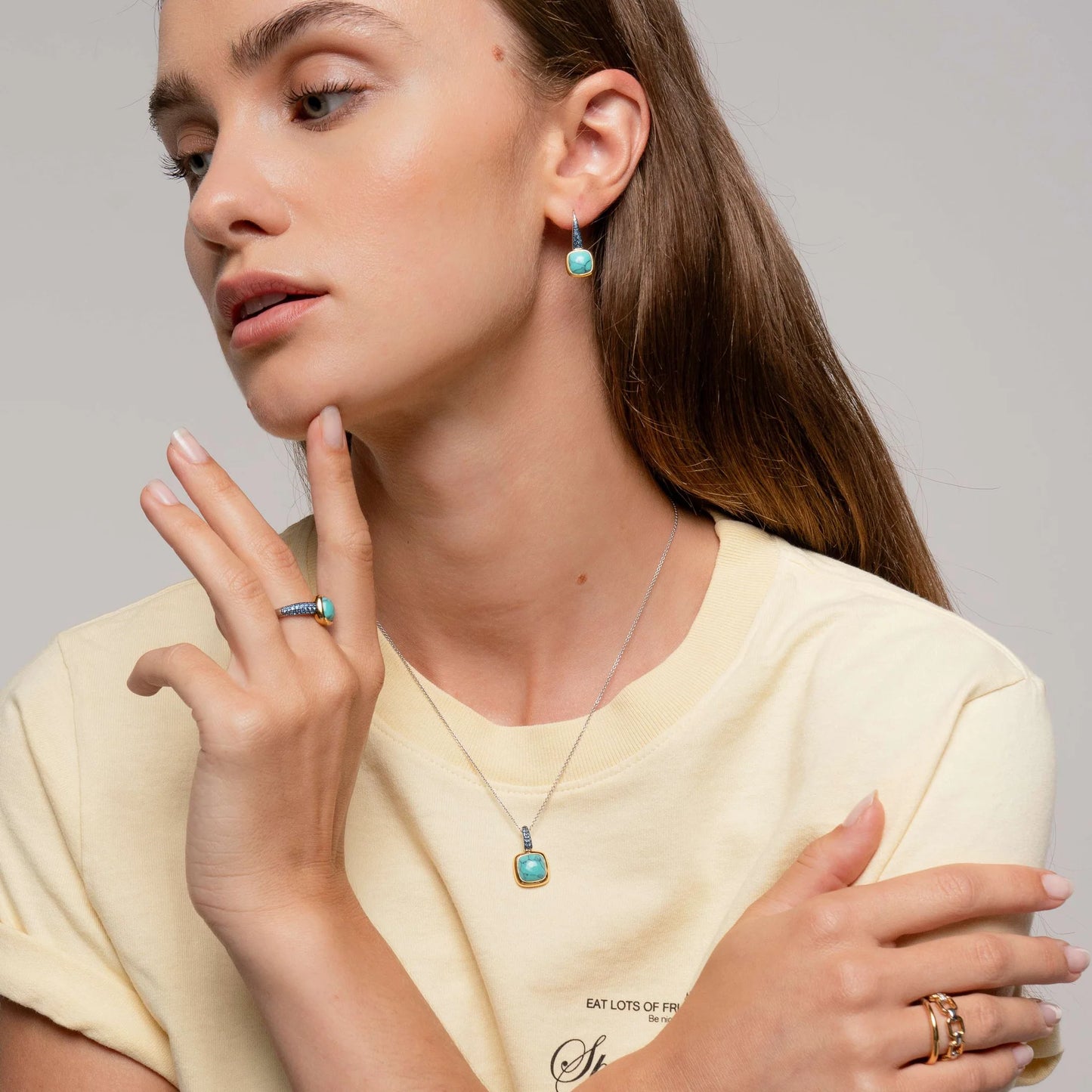 TI SENTO - COLLANA PENDENTE ARGENTO DORATO ZIRCONI BLU E TURCHESE