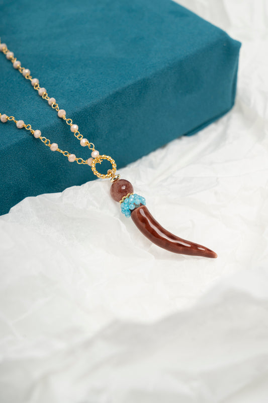 SICYLUI - COLLANA CORNO PICCOLO IN CERAMICA MORO E TURCHESE