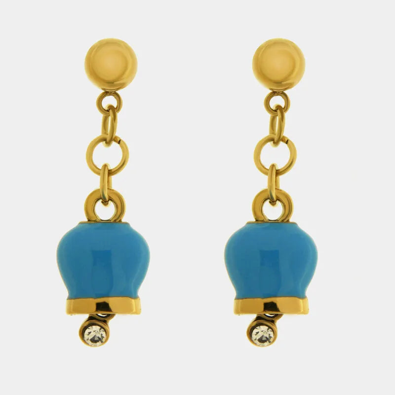 AMO CAPRI - ORECCHINI CON CAMPANELLE MINI PENDENTI SMALTO AZZURRO E CRISTALLI