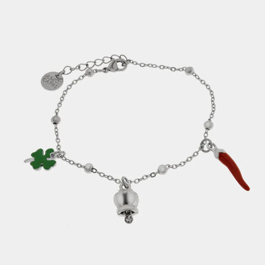 AMO CAPRI - CAVIGLIERA CON CAMPANELLA MINI E CHARMS CORNO E QUADRIFOGLIO