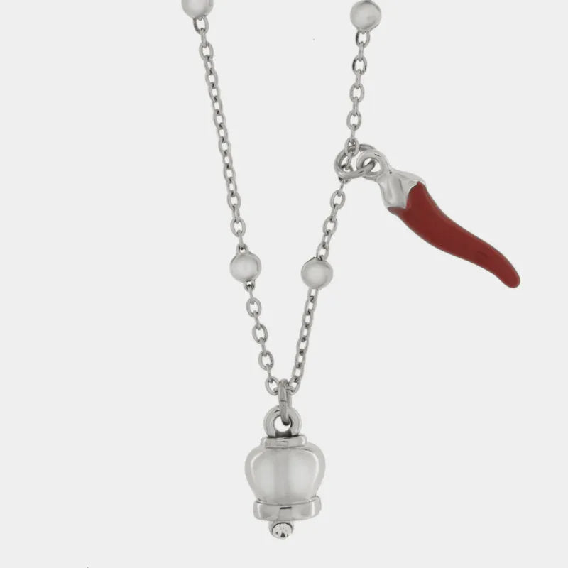 AMO CAPRI - COLLANA IN ACCIAIO CAMPANELLA E CORNO ROSSO