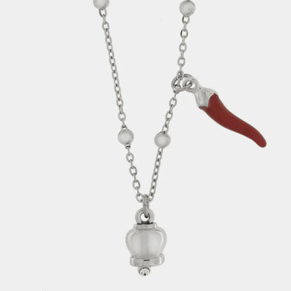 AMO CAPRI - COLLANA IN ACCIAIO CAMPANELLA E CORNO ROSSO