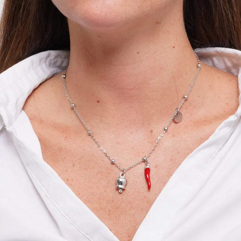 AMO CAPRI - COLLANA IN ACCIAIO CAMPANELLA E CORNO ROSSO
