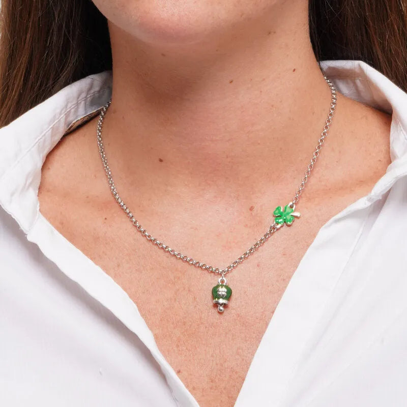 AMO CAPRI - COLLANA IN ACCIAIO CAMPANELLA VERDE E  QUADRIFOGLIO