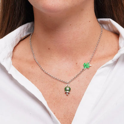 AMO CAPRI - COLLANA IN ACCIAIO CAMPANELLA VERDE E  QUADRIFOGLIO