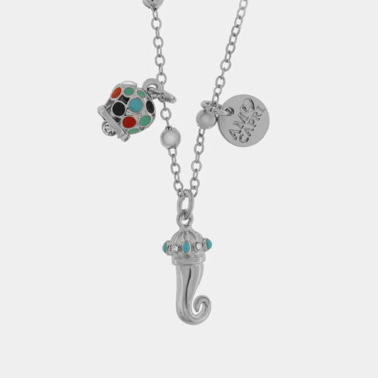 AMO CAPRI - COLLANA IN ACCIAIO CAMPANELLA MINI POIS MULTICOLOR E CORNO