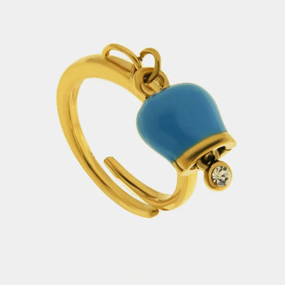 AMO CAPRI - GOLD PLATED STEEL RING WITH TURQUOISE ENAMEL MINI BELL