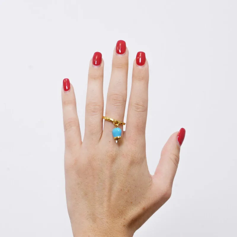AMO CAPRI - GOLD PLATED STEEL RING WITH TURQUOISE ENAMEL MINI BELL