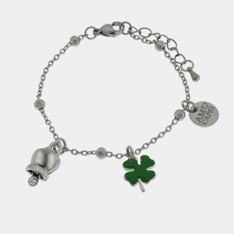 AMO CAPRI - BRACCIALE IN ACCIAIO CON MINI CAMPANELLA E QUADRIFOGLIO