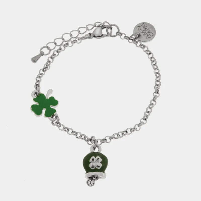 AMO CAPRI - BRACCIALE IN ACCIAIO CON MINI CAMPANELLA VERDE E QUADRIFOGLIO
