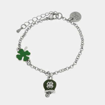 AMO CAPRI - BRACCIALE IN ACCIAIO CON MINI CAMPANELLA VERDE E QUADRIFOGLIO