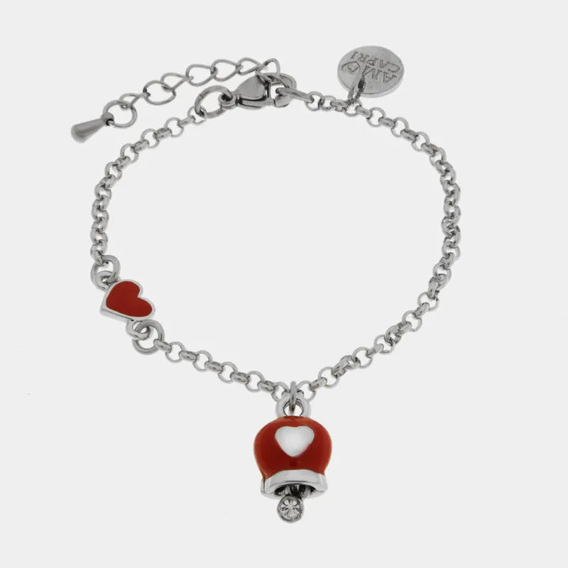 AMO CAPRI - BRACCIALE IN ACCIAIO CON MINI CAMPANELLA ROSSO E CUORE