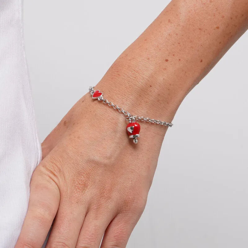 AMO CAPRI - BRACCIALE IN ACCIAIO CON MINI CAMPANELLA ROSSO E CUORE