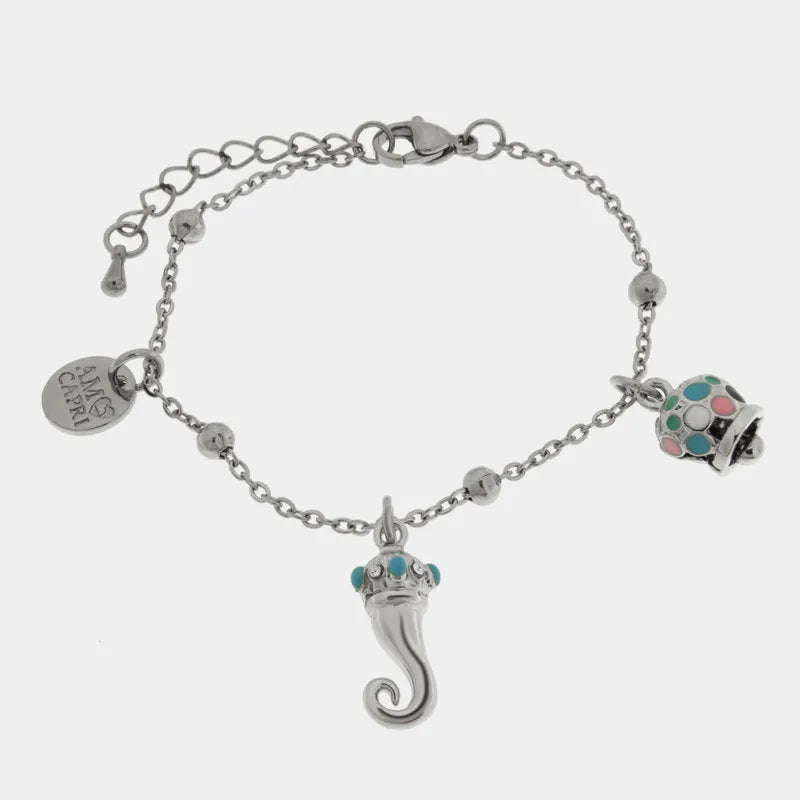 AMO CAPRI - BRACCIALE IN ACCIAIO CON CAMPANELLA POIS MULTICOLOR E CORNO